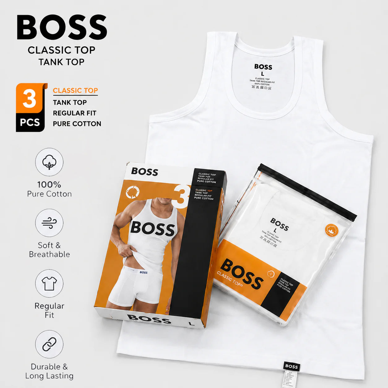 B.O.S.S Premium Quality Branded Cotton Vest (Pack of 3)