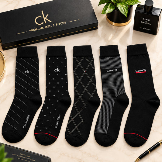 Premium Black Edition Branded Socks Gift Pack of 5