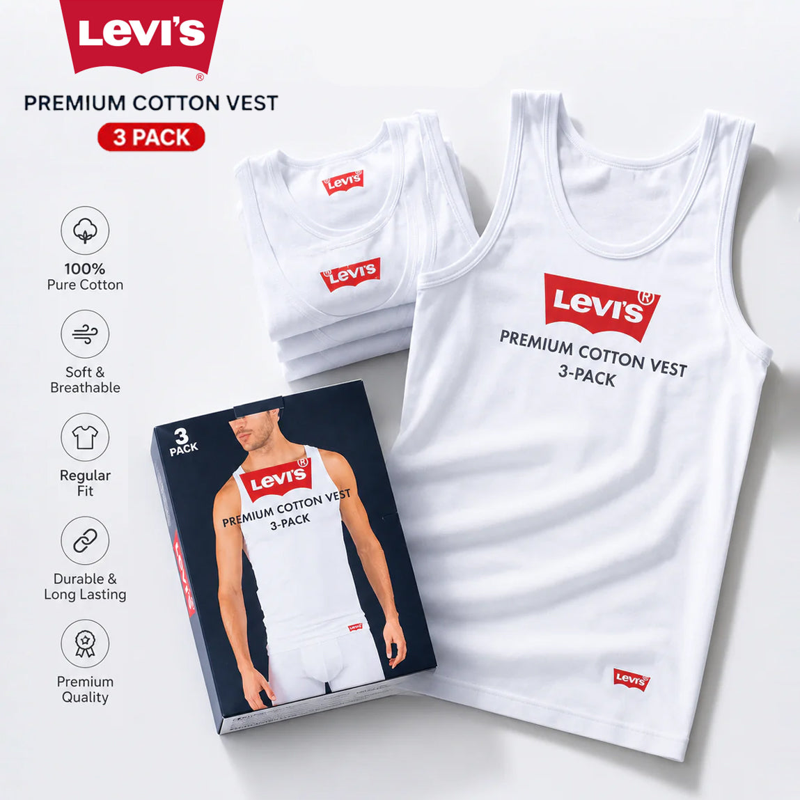 L.E.V.I.S Premium Quality Branded Vest (Pack of 3)