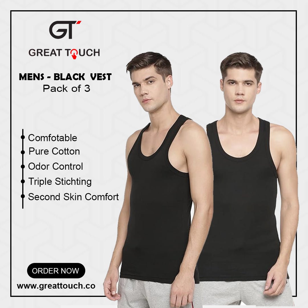 GT Mens Black Premium Quality Classic Vest Pack of 3 - Urban Monarch